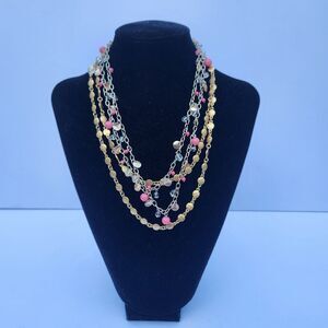 Lot Of (2) Premier Design Pink & Clear Beaded Gold Tone Link Necklaces